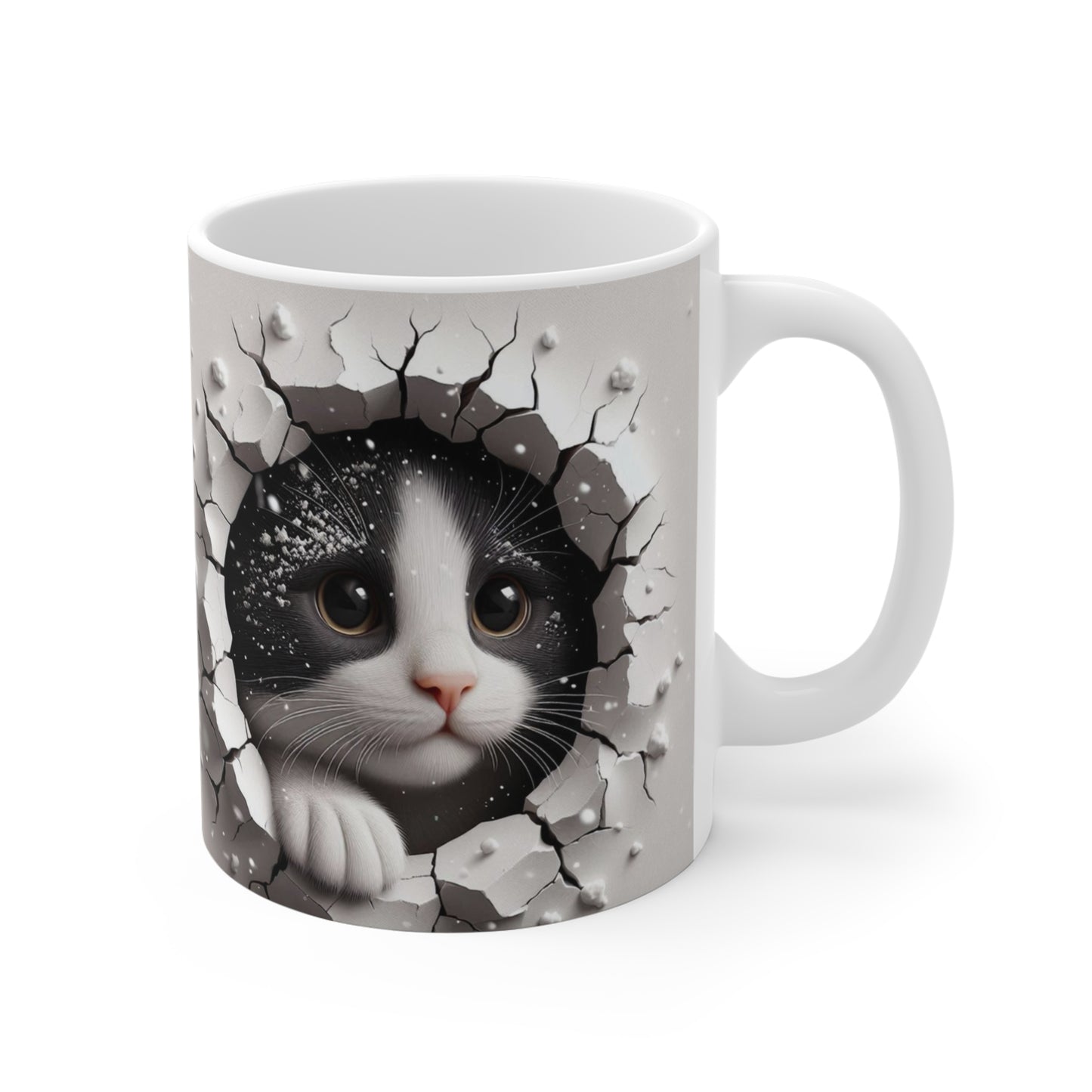 3D Cute Black and White Kitten in Snow Hole Mug