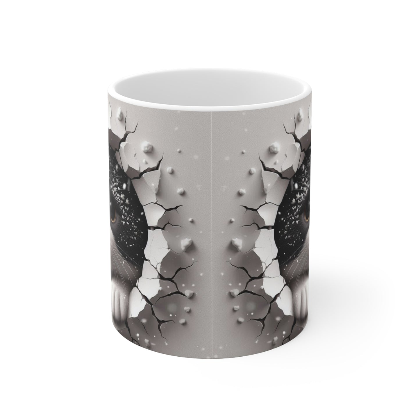 3D Cute Black and White Kitten in Snow Hole Mug