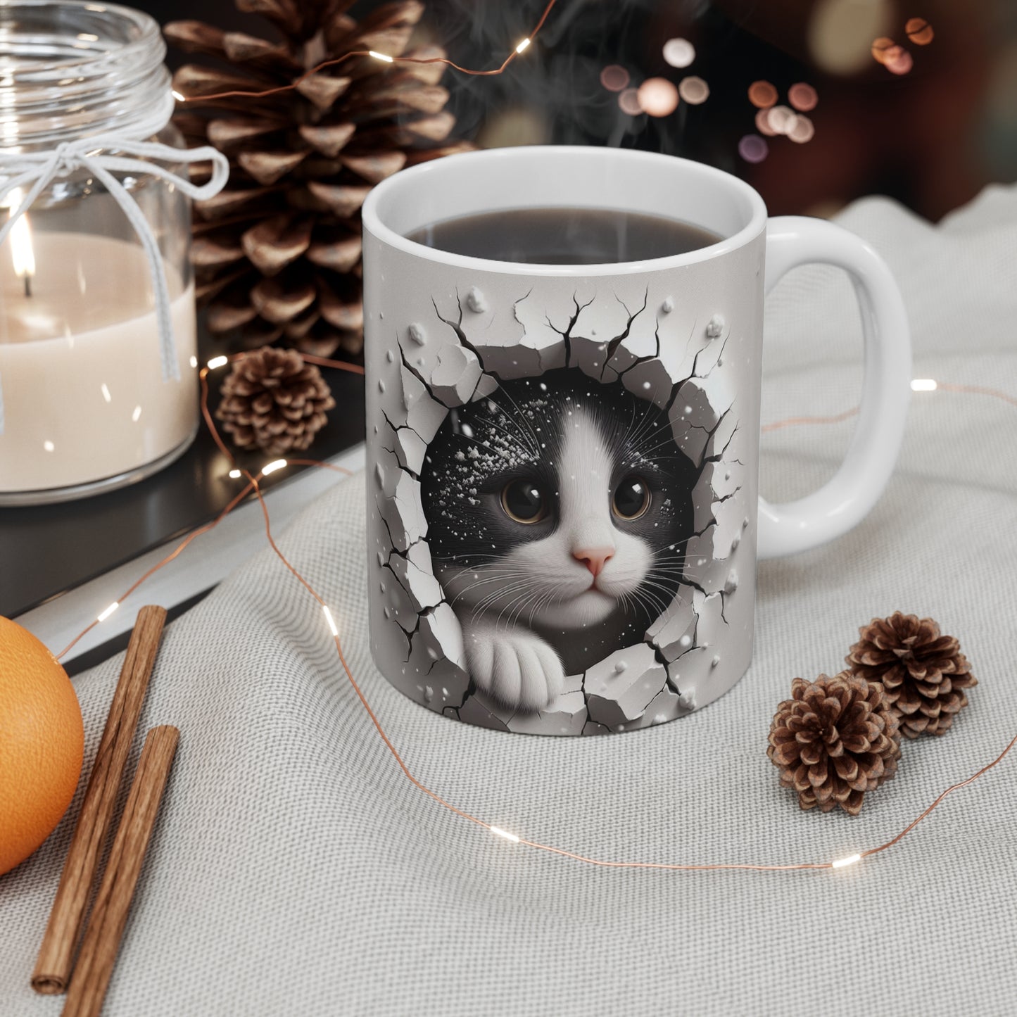 3D Cute Black and White Kitten in Snow Hole Mug