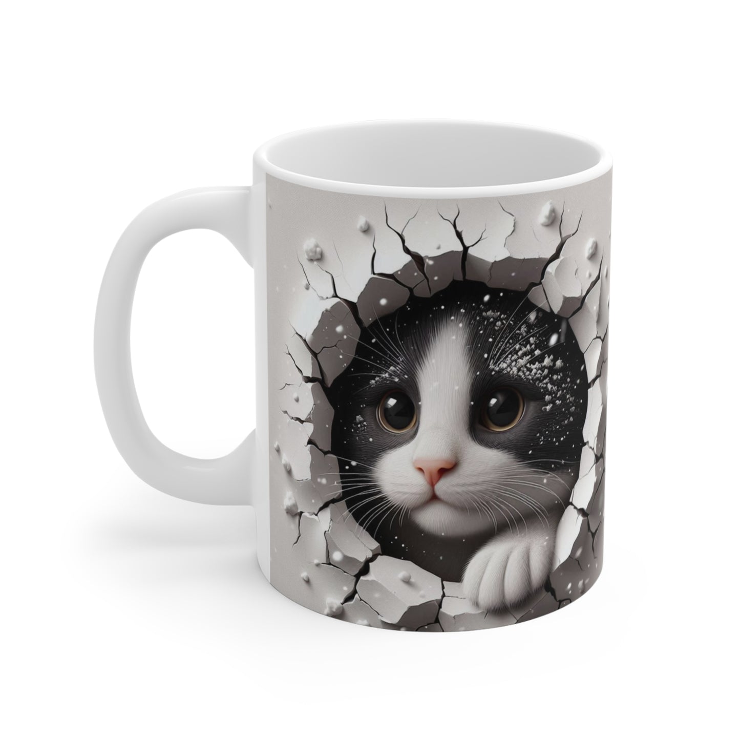 3D Cute Black and White Kitten in Snow Hole Mug